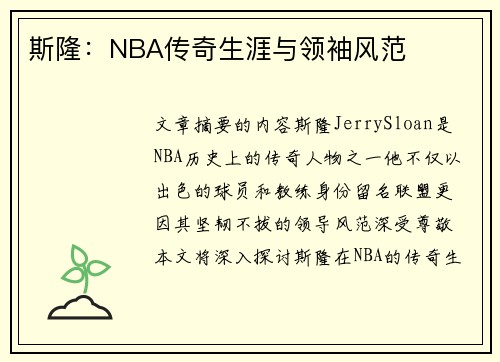 斯隆：NBA传奇生涯与领袖风范